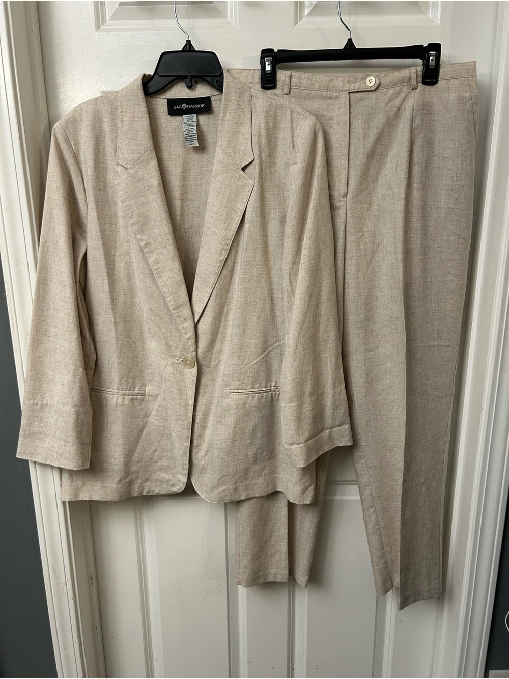 Vintage Sag Harbor Beige Linen Blend 2-Piece Pant Suit Set | Size: 16
